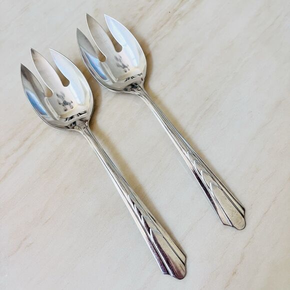 Pair of EKCO EKS7 3TINE Stainless Pierced Tablespoon Serving Spoon Glossy USA - Picture 1 of 7